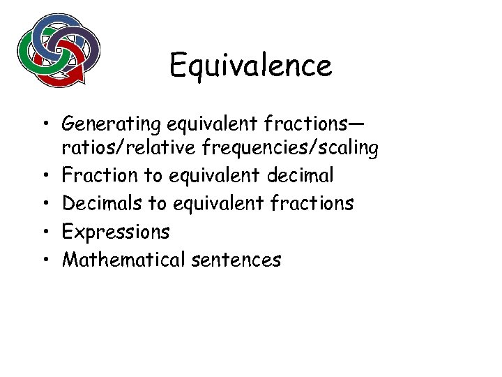 Equivalence • Generating equivalent fractions— ratios/relative frequencies/scaling • Fraction to equivalent decimal • Decimals