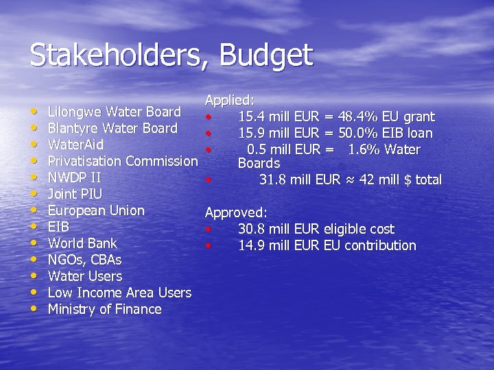 Stakeholders, Budget • • • • Applied: Lilongwe Water Board • 15. 4 mill