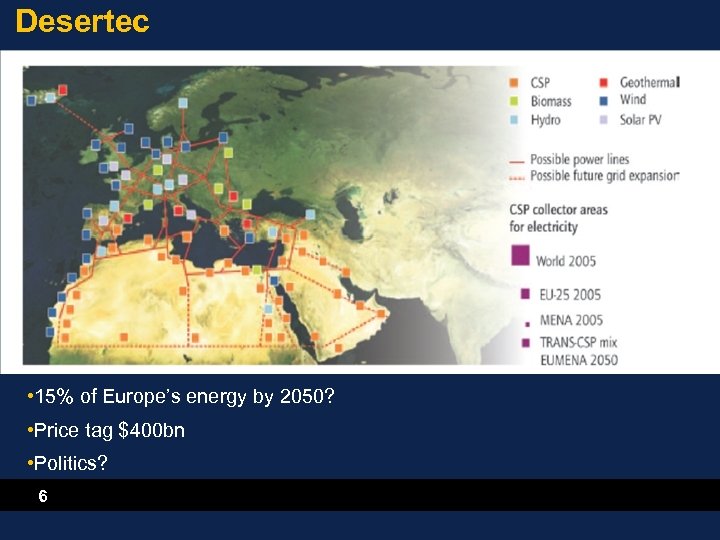 Desertec • 15% of Europe’s energy by 2050? • Price tag $400 bn •