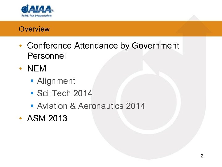 Overview • Conference Attendance by Government Personnel • NEM § Alignment § Sci-Tech 2014