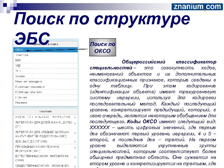Поиск по структуре ЭБС Поиск по ОКСО Общероссийский классификатор специальностей – это совокупность кодов,