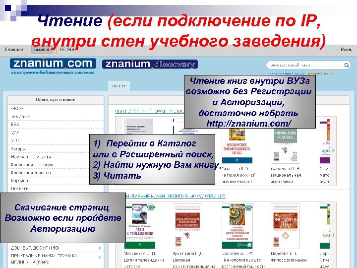 Чтение (если подключение по IP, внутри стен учебного заведения) Чтение книг внутри ВУЗа возможно