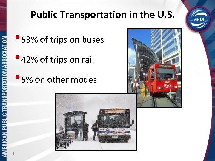 Public Transportation in the U. S. • 53% of trips on buses • 42%