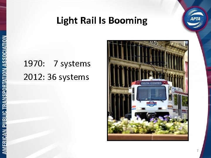 Light Rail Is Booming 1970: 7 systems 2012: 36 systems 7 