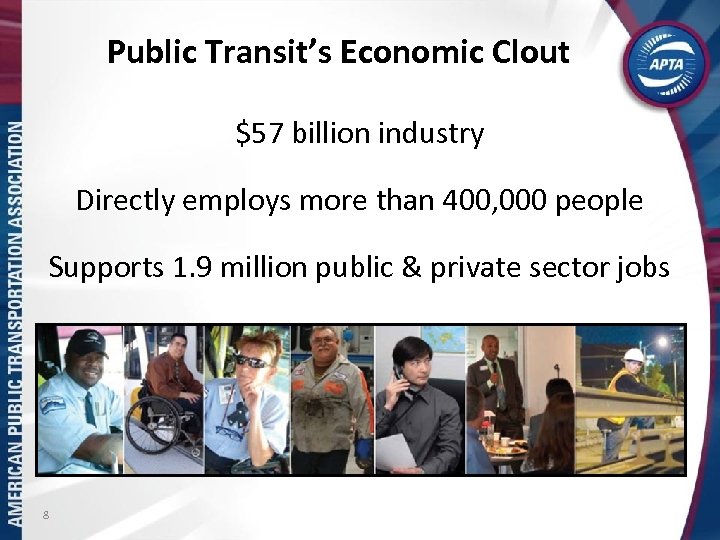 Public Transit’s Economic Clout $57 billion industry Directly employs more than 400, 000 people