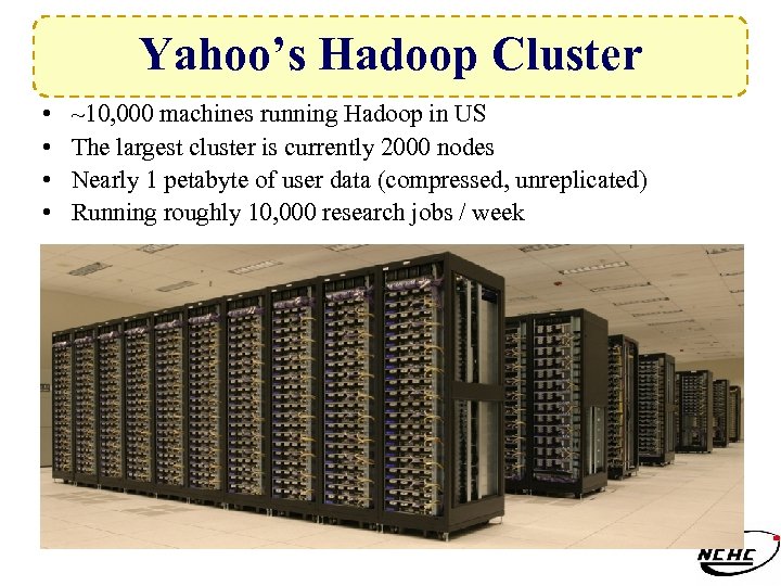 Yahoo’s Hadoop Cluster • • ~10, 000 machines running Hadoop in US The largest