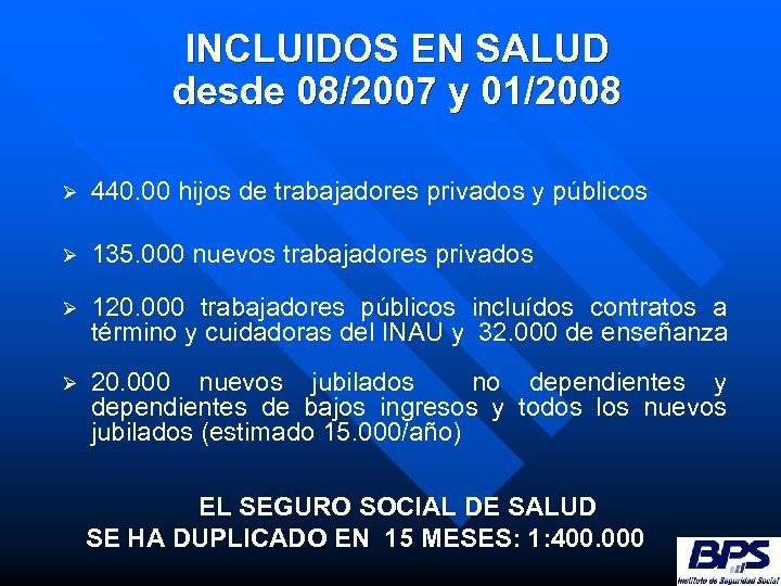 INCLUIDOS EN SALUD desde 08/2007 y 01/2008 Ø 440. 00 hijos de trabajadores privados