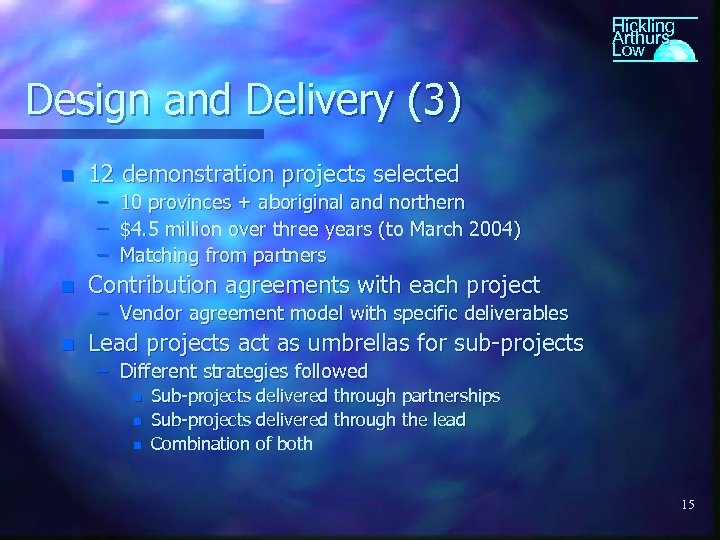 Hickling Arthurs Low Design and Delivery (3) n 12 demonstration projects selected – –