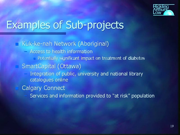 Hickling Arthurs Low Examples of Sub-projects n Kuk-ke-nah Network (Aboriginal) – Access to health