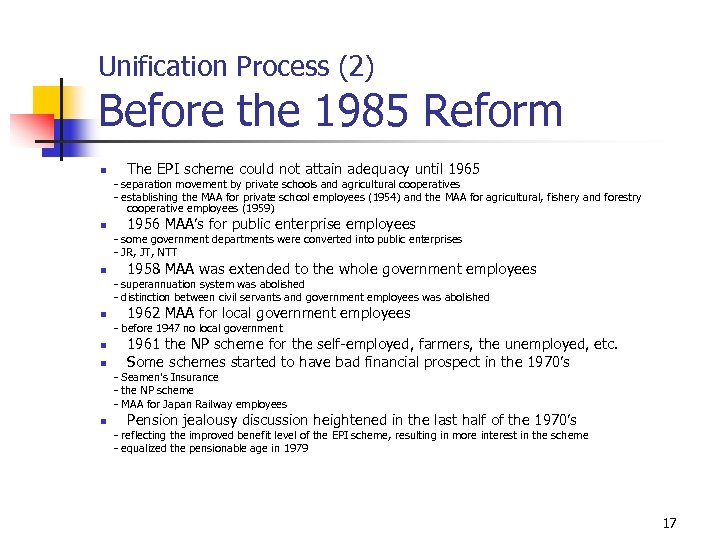 Unification Process (2) Before the 1985 Reform n The EPI scheme could not attain
