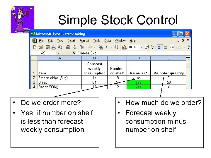 Simple Stock Control • Do we order more? • Yes, if number on shelf