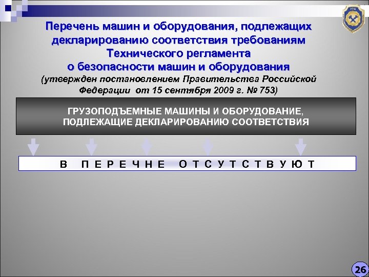 Перечень машин и оборудования, подлежащих декларированию соответствия требованиям Технического регламента о безопасности машин и