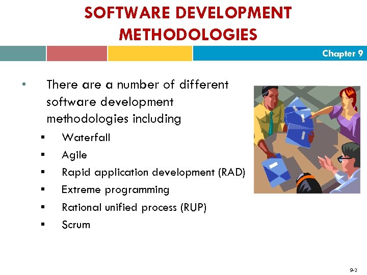 SOFTWARE DEVELOPMENT METHODOLOGIES Chapter 9 There a number of different software development methodologies including