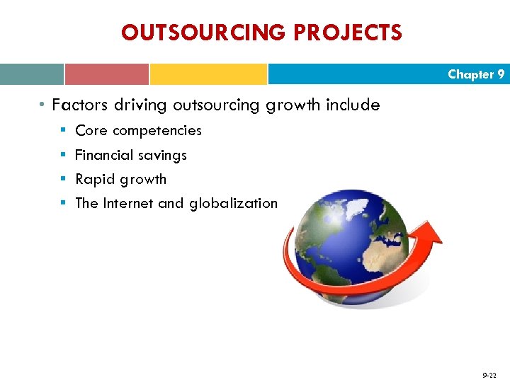 OUTSOURCING PROJECTS Chapter 9 • Factors driving outsourcing growth include § Core competencies §