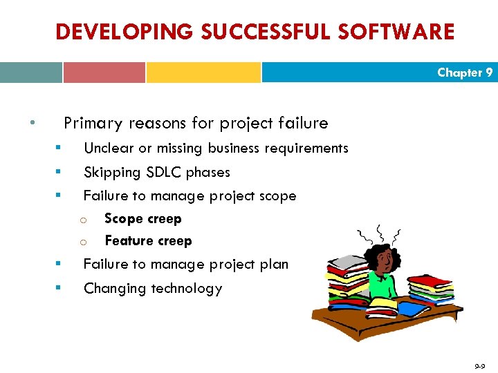 DEVELOPING SUCCESSFUL SOFTWARE Chapter 9 Primary reasons for project failure • § § §