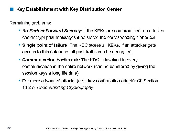 < Key Establishment with Key Distribution Center Remaining problems: § No Perfect Forward Secrecy: