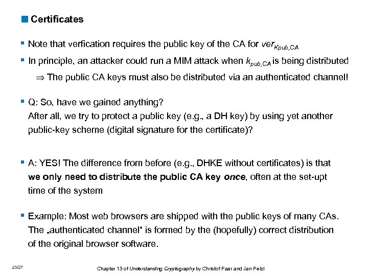 <Certificates § Note that verfication requires the public key of the CA for ver.