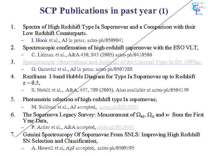 SCP Publications in past year (1) 1. Spectra of High Redshift Type Ia Supernovae