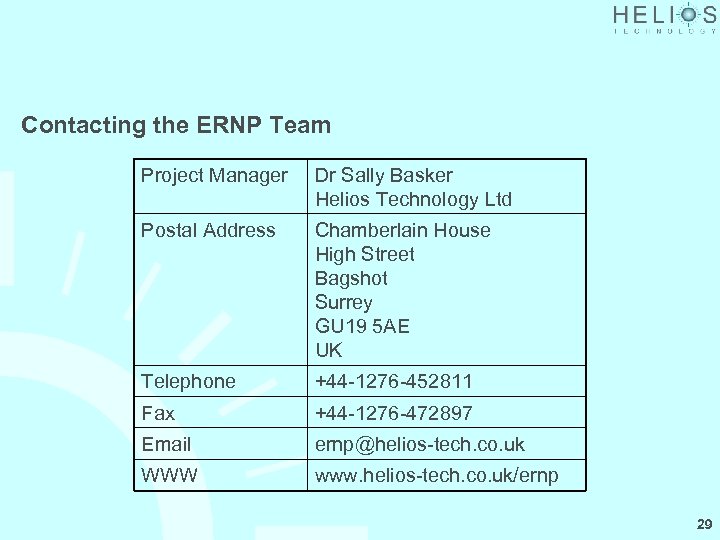 Contacting the ERNP Team Project Manager Dr Sally Basker Helios Technology Ltd Postal Address