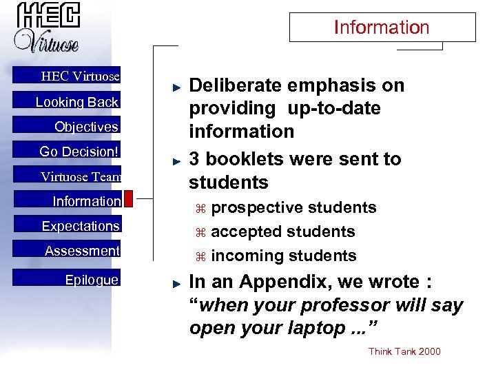 Information HEC Virtuose Looking Back Objectives Go Decision! Virtuose Team Information Expectations Assessment Epilogue
