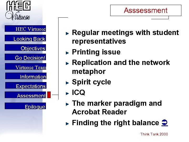 Asssessment HEC Virtuose Looking Back Objectives Go Decision! Virtuose Team Information Expectations Assessment Epilogue
