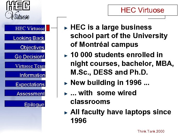 HEC Virtuose Looking Back Objectives Go Decision! Virtuose Team Information Expectations Assessment Epilogue HEC