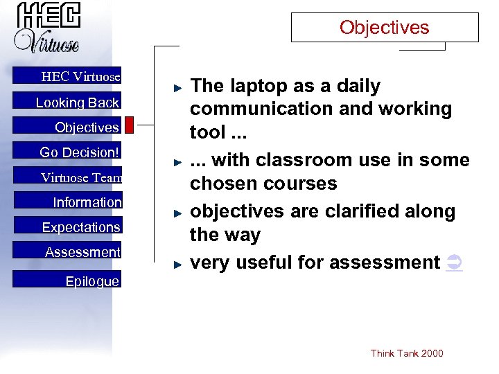 Objectives HEC Virtuose Looking Back Objectives Go Decision! Virtuose Team Information Expectations Assessment The