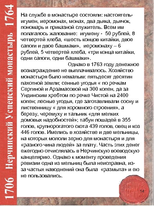 На службе в монастыре состояли: настоятельигумен, иеромонах, два дьяка, дьячок, пономарь и приказной служитель.