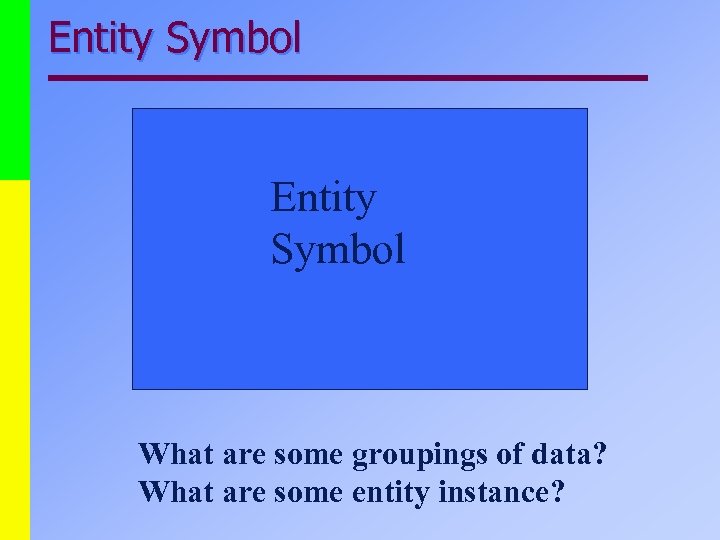 Entity Symbol What are some groupings of data? What are some entity instance? 