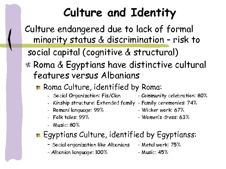 Culture and Identity Culture endangered due to lack of formal minority status & discrimination