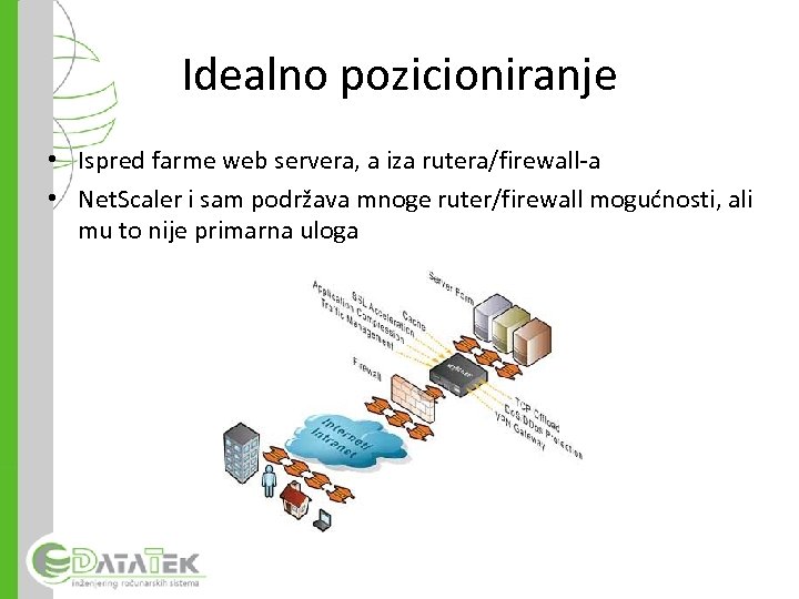 Idealno pozicioniranje • Ispred farme web servera, a iza rutera/firewall-a • Net. Scaler i