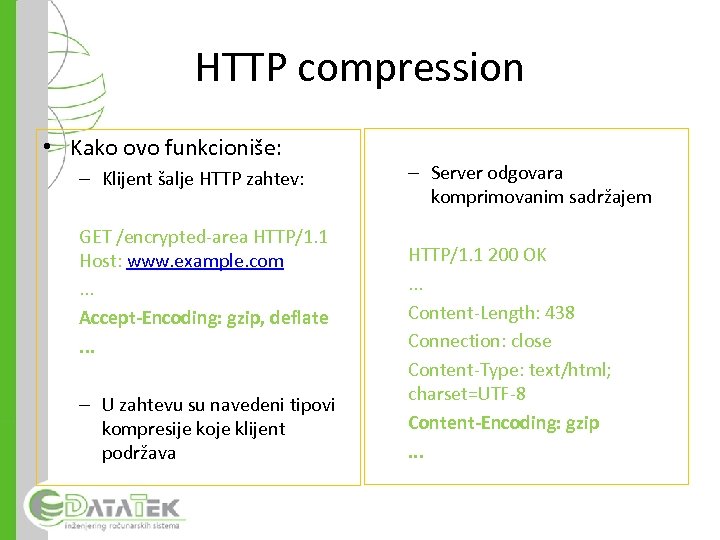 HTTP compression • Kako ovo funkcioniše: – Klijent šalje HTTP zahtev: GET /encrypted-area HTTP/1.