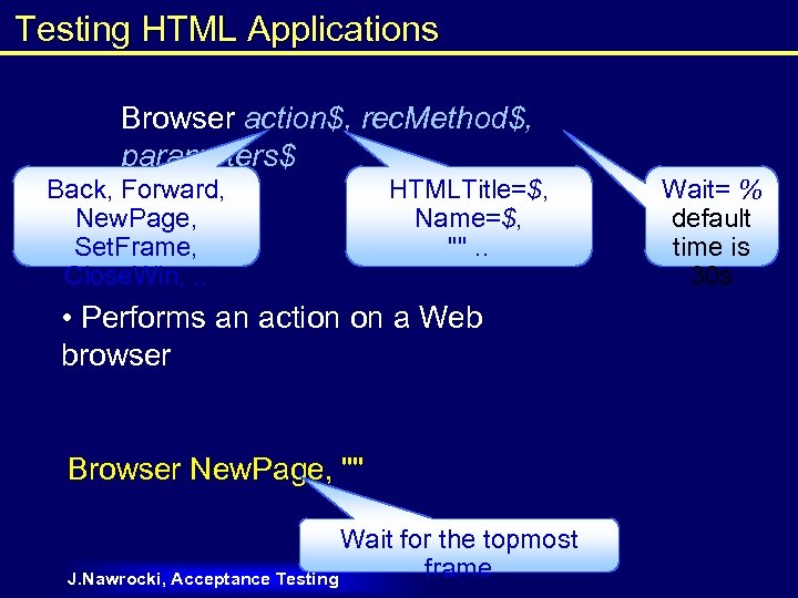 Testing HTML Applications Browser action$, rec. Method$, parameters$ Back, Forward, New. Page, Set. Frame,