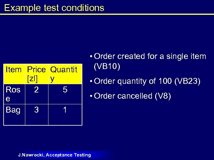 Example test conditions Item Price Quantit [zl] y Ros 2 5 e Bag 3