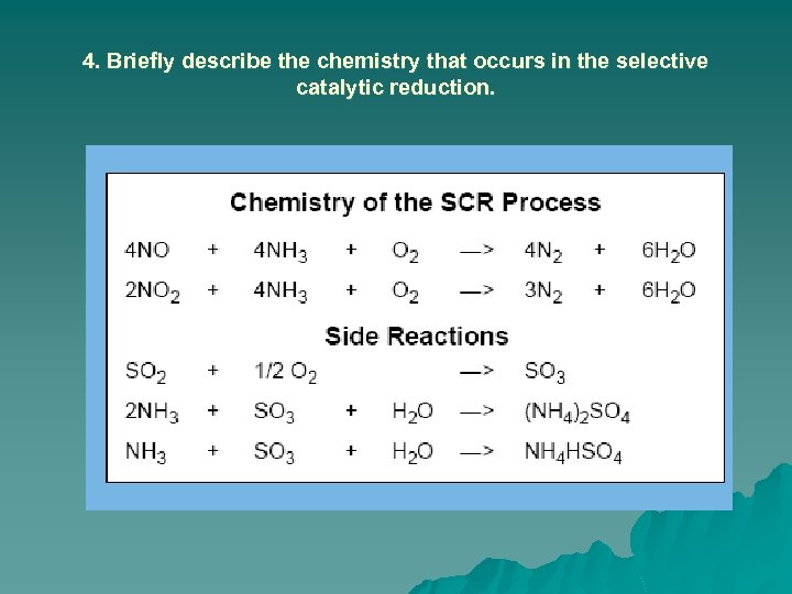 4. Briefly describe the chemistry that occurs in the selective catalytic reduction. 