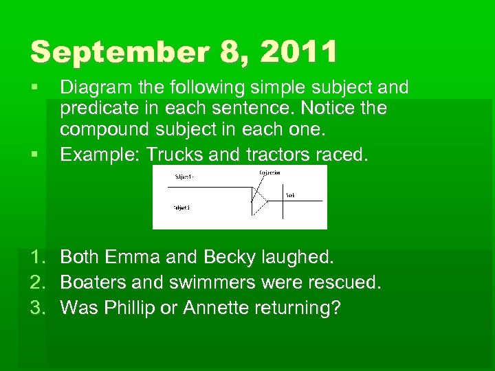 September 8, 2011 Diagram the following simple subject and predicate in each sentence. Notice