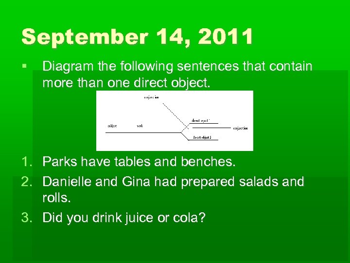 September 14, 2011 Diagram the following sentences that contain more than one direct object.