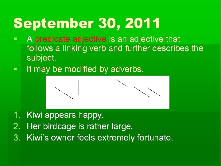 September 30, 2011 A predicate adjective is an adjective that follows a linking verb