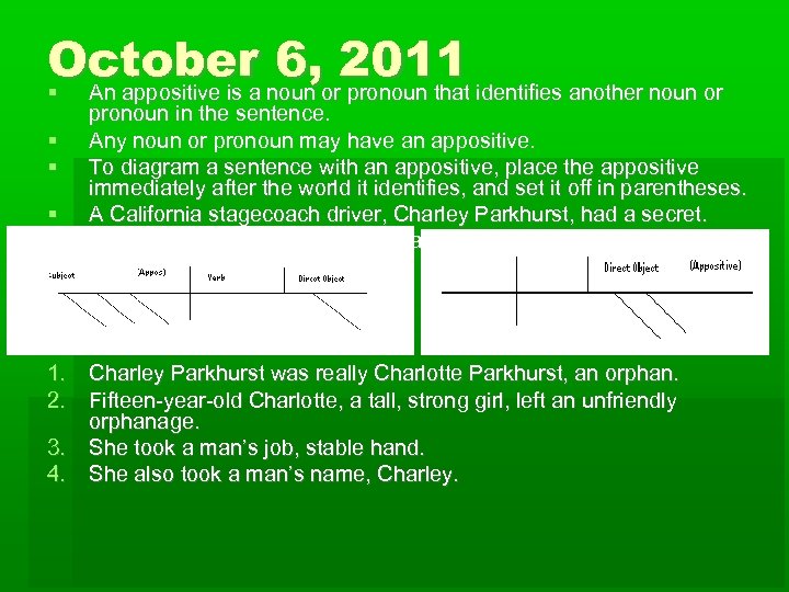 October 6, 2011 An appositive is a noun or pronoun that identifies another noun