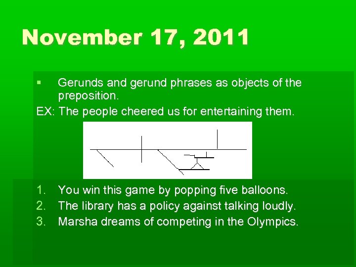 November 17, 2011 Gerunds and gerund phrases as objects of the preposition. EX: The