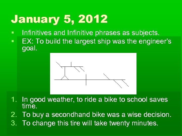 January 5, 2012 Infinitives and Infinitive phrases as subjects. EX: To build the largest