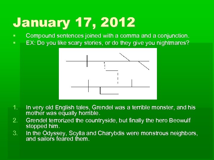 January 17, 2012 Compound sentences joined with a comma and a conjunction. EX: Do