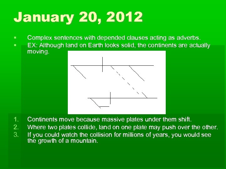 January 20, 2012 Complex sentences with depended clauses acting as adverbs. EX: Although land