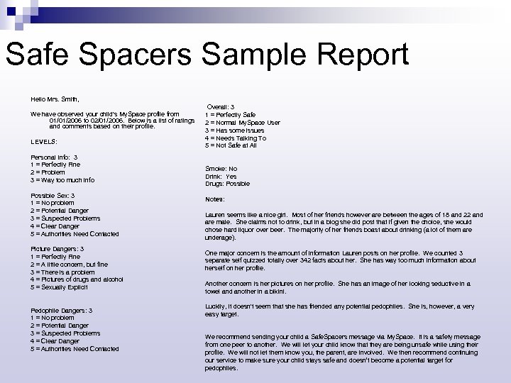 Safe Spacers Sample Report Hello Mrs. Smith, We have observed your child's My. Space