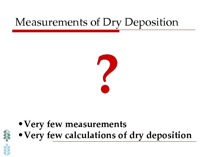 Measurements of Dry Deposition ? • Very few measurements • Very few calculations of