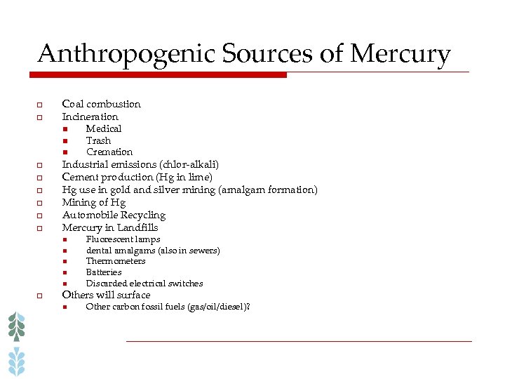 Anthropogenic Sources of Mercury o o Coal combustion Incineration n o o o Medical