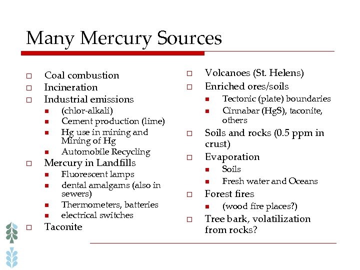 Many Mercury Sources o o o Coal combustion Incineration Industrial emissions n n o