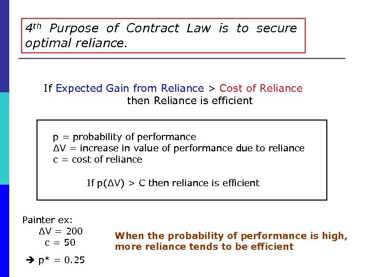 4 th Purpose of Contract Law is to secure optimal reliance. If Expected Gain