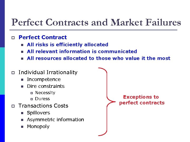 Perfect Contracts and Market Failures p Perfect Contract n n n p All risks