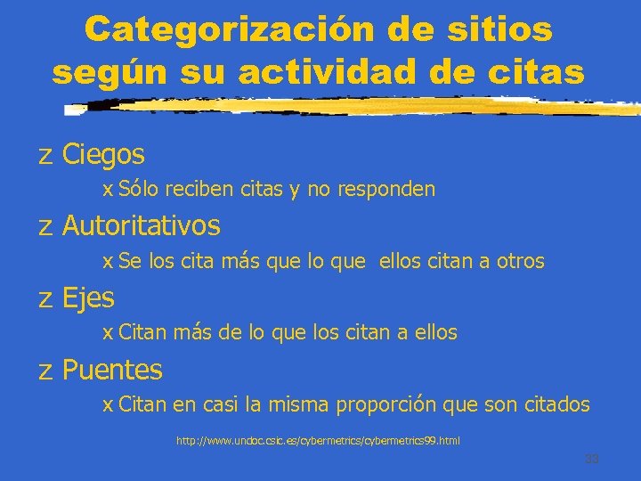 Categorización de sitios según su actividad de citas z Ciegos x Sólo reciben citas